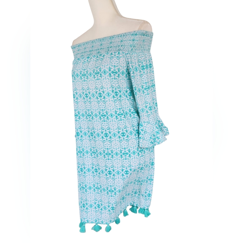 Cabana Life Off-Shoulder Turquoise Tile Print Cover-Up Dress with Tassels - Picture 5 of 10